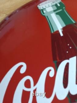 Original 1950/60s Coca Cola 24 Diameter Red Metal Button Sign With Coke Bottle