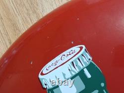 Original 1950/60s Coca Cola 24 Diameter Red Metal Button Sign With Coke Bottle