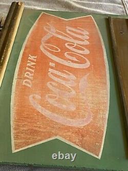 Original 1950s 1960s Coca-Cola Fishtail Hanging Menu Board Masonite Coke Sign