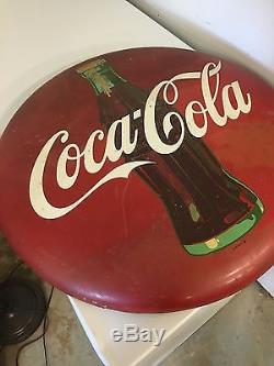 Original 1950s Metal 24 inch Coca Cola Button Sign Barn Find