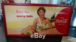 Original 1956 Vintage Large 56x27 Coca Cola Cardboard Sign Woman Beach Swimsuit