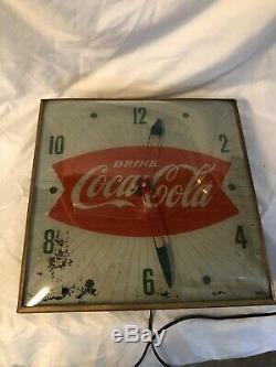 Original 1960s Pam Clock Co. Coca Cola Fishtail Lighted Clock Works Great