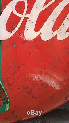 Original 48 Metal Painted Coca Cola Button Coke Sign Vtg Soda Pop Advertising