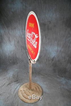 Original Antique 1941 Coca Cola Porcelain Lollipop Sign with Cast Iron Stand