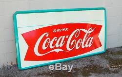 Original Antique 1960s Coca Cola Fishtail Metal Sign, Non Porcelain, Coke