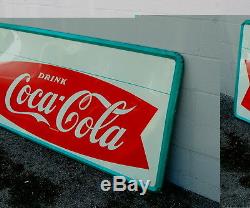 Original Antique 1960s Coca Cola Fishtail Metal Sign, Non Porcelain, Coke