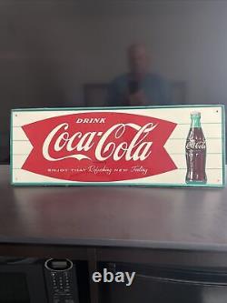 Original & Authentic''coca Cola'' Painted Metal Sign 32x12 Inch Fish Tail