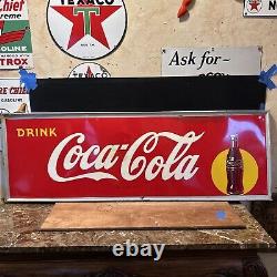 Original & Authentic''coca Cola'' Painted Metal Sign 54x18 Inch Yellow Dot