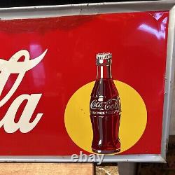 Original & Authentic''coca Cola'' Painted Metal Sign 54x18 Inch Yellow Dot