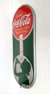 Original Coca Cola 1939 Metal 16 Working Silhouette Girl Thermometer Sign NICE