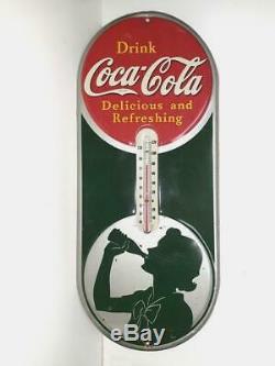 Original Coca Cola 1939 Metal 16 Working Silhouette Girl Thermometer Sign NICE