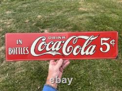 Original Coca Cola Coke Embossed Painted Metal Strip Sign