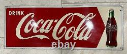 Original Drink Coca Cola Tin Sign Bottle Robertson 1950's 11.5x31.5 Gas Oil Soda