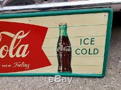Original Ice Cold Drink Coca Cola Fishtail 54 Sign Coke Soda Bottle Painted Tin