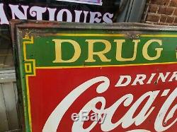 Original Porcelain Coca Cola Large Drug Store Heavy Antique Sign Circa 1930's