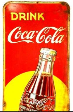 Original Rare Large 1940's Coca Cola Soda Pop Bottle 53 Embossed Metal Sign