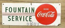 Original Vintage 1940s FOUNTAIN SERVICE DRINK COCA-COLA 29x12 Porcelain Sign