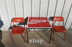 Original Vintage 1960's Coca Cola Soda Pop Metal Porcelain Top Table & 2 Chairs