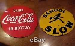 Original Vintage COCA COLA SCHOOL SLOW 30 Double Sided Lollipop Porcelain Sign