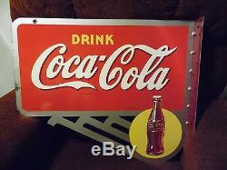 Original Vintage Coca Cola Bottle on Yellow Sun Flange Sign dated 1946