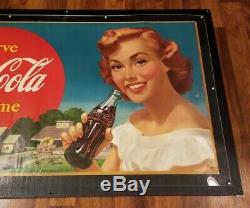 Original vintage 1952 cardboard Coca Cola sign 20x36 framed glass gas oil