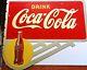 PAIR 1940s COCA COLA DBL-SIDED WALL SIGNS w ORIGINAL METAL SUPPORTS, VGC+ to EXC+