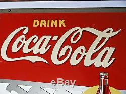 PAIR 1940s COCA COLA DBL-SIDED WALL SIGNS w ORIGINAL METAL SUPPORTS, VGC+ to EXC+