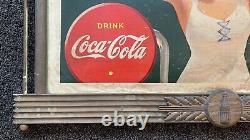 RARE 1930's Coca-Cola Cardboard Sign Original Wooden Frame Embossed Badge 42x26