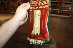 RARE 1930s COCA COLA BOTTLE SODA POP METAL EMBOSSED THERMOMETER SIGN GAS OIL