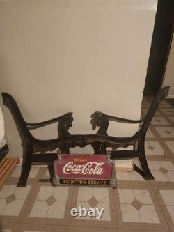 RARE 1930s Coca-Cola Fountain Service Cast Iron Bench Sign VTG Original