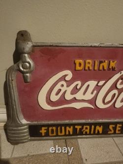 RARE 1930s Coca-Cola Fountain Service Cast Iron Bench Sign VTG Original