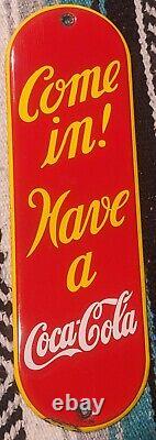 RARE 1939 Coca-Cola Porcelain Door Push Advertising Sign Original Enamel Rare