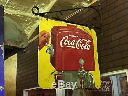 RARE 1939 Drink Coca-Cola COKE Fountain Dispenser Doublesided PORCELAIN Sign OLD