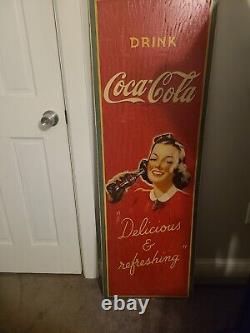 RARE 1940s WW-2 ORIGINAL 54X 18 VINTAGE BETTY GIRL COCA-COLA SIGN MASONITE