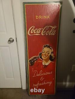 RARE 1940s WW-2 ORIGINAL 54X 18 VINTAGE BETTY GIRL COCA-COLA SIGN MASONITE