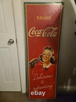 RARE 1940s WW-2 ORIGINAL 54X 18 VINTAGE BETTY GIRL COCA-COLA SIGN MASONITE