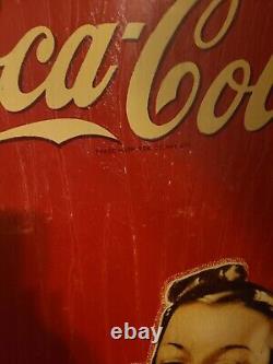 RARE 1940s WW-2 ORIGINAL 54X 18 VINTAGE BETTY GIRL COCA-COLA SIGN MASONITE