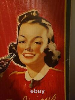 RARE 1940s WW-2 ORIGINAL 54X 18 VINTAGE BETTY GIRL COCA-COLA SIGN MASONITE