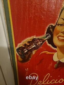 RARE 1940s WW-2 ORIGINAL 54X 18 VINTAGE BETTY GIRL COCA-COLA SIGN MASONITE