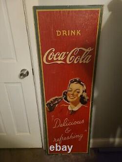RARE 1940s WW-2 ORIGINAL 54X 18 VINTAGE BETTY GIRL COCA-COLA SIGN MASONITE