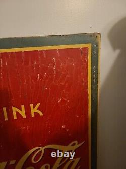RARE 1940s WW-2 ORIGINAL 54X 18 VINTAGE BETTY GIRL COCA-COLA SIGN MASONITE