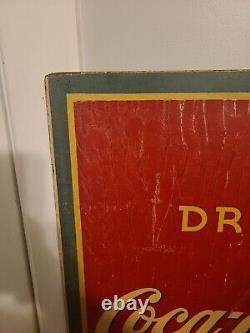 RARE 1940s WW-2 ORIGINAL 54X 18 VINTAGE BETTY GIRL COCA-COLA SIGN MASONITE