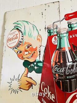 RARE 1948 Coca Cola Sign 94x118 Metal Billboard Sprite Boy HUGE Original LOOK