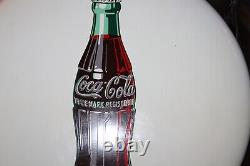 RARE 1950s DRINK COCA COLA 24 WHITE ENAMEL METAL BUTTON SIGN COKE GAS OIL 66