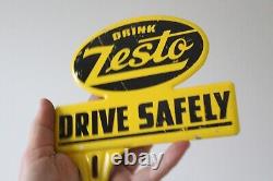 RARE 1950s DRINK ZESTO DRIVE SAFELY STAMPED PAINTED METAL TOPPER SIGN COKE SODA