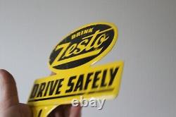 RARE 1950s DRINK ZESTO DRIVE SAFELY STAMPED PAINTED METAL TOPPER SIGN COKE SODA