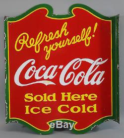 RARE! Antique 1930s COCA-COLA Refresh Yourself 2-Sided Porcelain Flange Sign