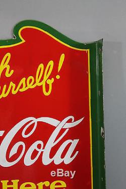 RARE! Antique 1930s COCA-COLA Refresh Yourself 2-Sided Porcelain Flange Sign