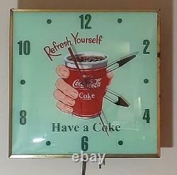 RARE Coca Cola PAM Clock REFRESH YOURSELF Hand Holding Cup Lighted Clock Sign