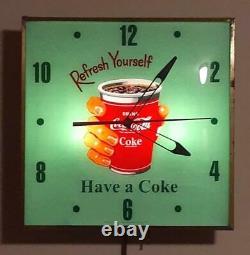 RARE Coca Cola PAM Clock REFRESH YOURSELF Hand Holding Cup Lighted Clock Sign